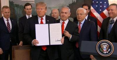 ترامب يوقع اعلان رئاسي بسيادة اسرائيل على الجولان المحتل وغزة تحت النار